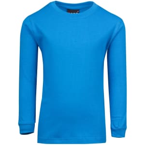 A bright blue long sleeve T-shirt featuring a crew neckline and cuffed sleeves. It includes a logo.