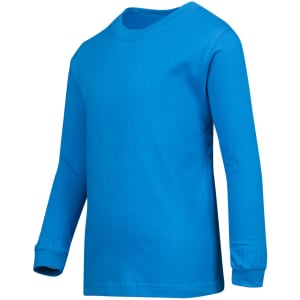A blue long sleeve T-shirt with a round neck and cuffs, featuring a branding logo.