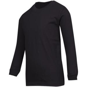 A black long sleeve T-shirt with a crew neck and fitted sleeves, featuring a logo.