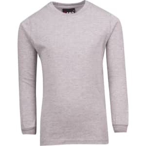 A grey long sleeve T-shirt for kids, featuring a round neck and a branded label at the neckline.