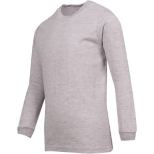 A grey long sleeve t-shirt with a round neck and long sleeves, featuring a simple design and a logo.