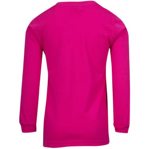 A pink long sleeve T-shirt with a round neckline and a simple design, featuring a logo on the back.