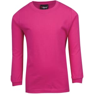 A pink long sleeve t-shirt with a round neck and gathered cuffs, featuring a brand logo on the label.