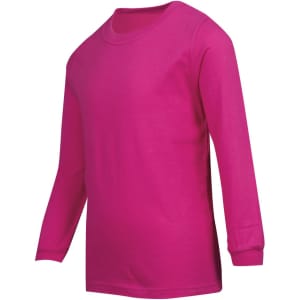 A pink long sleeve T-shirt for kids, featuring a simple design and a round neck.