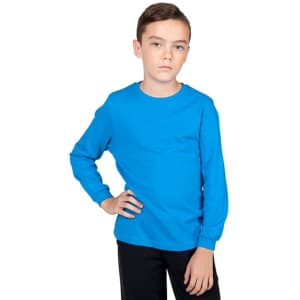A bright blue long sleeve T-shirt for kids, featuring a crew neck design and a plain finish.
