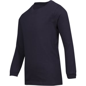 A navy long sleeve T-shirt for kids with a round neck and fitted sleeves. It has a simple design.