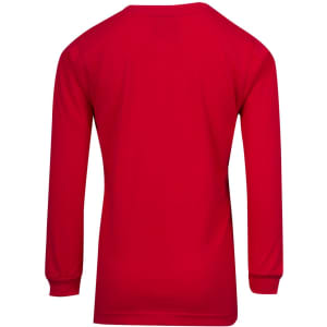 A red long sleeve T-shirt with a smooth back view, featuring fitted sleeves. It has a logo on the back.