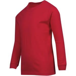 A red long sleeve T-shirt for kids, featuring a simple design and a round neckline. It has no visible logos.
