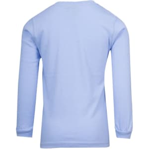 A light blue long sleeve t-shirt for kids, featuring a simple design and logo on the back.