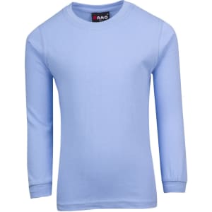 A light blue long sleeve T-shirt with a round neck and a logo on the label.