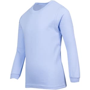 A light blue long sleeve T-shirt for kids, featuring a simple design and a logo.