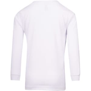 A white kid's long sleeve T-shirt featuring a smooth back design and fitted cuffs. It has a logo on one sleeve.