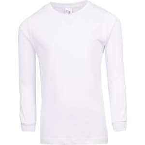 A white kid's long sleeve T-shirt with a simple design and a logo on the upper side.
