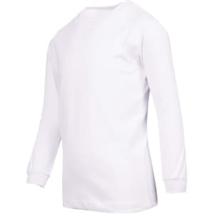A white long sleeve T-shirt for kids, featuring a simple design and a branding logo.