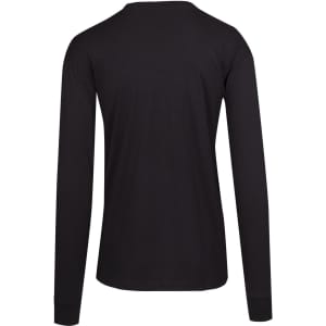 A black long sleeve T-shirt with a simple design and fitted cut, featuring a logo on the back.
