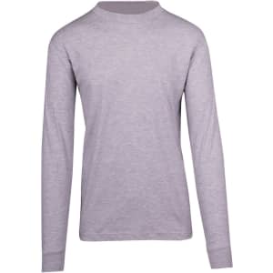 A long sleeve unisex T-shirt in light grey with a round neckline and fitted sleeves. It has a logo on the front.