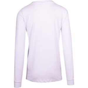 A white long sleeve unisex T-shirt with a simple design and a logo on the back.