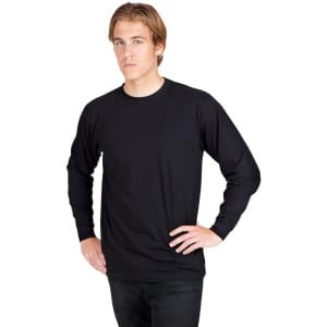 A black long sleeve T-shirt worn by a model with a neutral expression, featuring a logo on the chest.