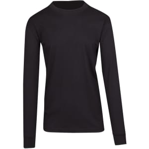A black unisex long sleeve T-shirt with a crew neck and long sleeves, featuring a logo on the chest.