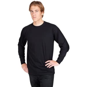 A black long sleeve T-shirt displayed on a model, featuring a simple design and fitted style.