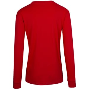 A red long sleeve T-shirt featuring a crew neck and a logo on the back.