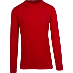 A red long sleeve t-shirt for men and unisex, featuring a simple design and a logo.
