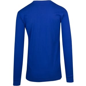 A blue unisex long sleeve T-shirt featuring a simple design and a branded logo.