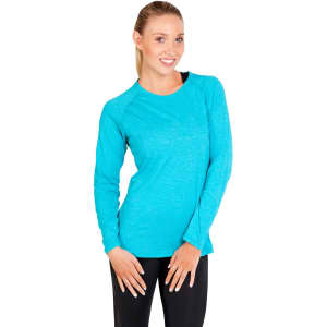 A purple long sleeve T-shirt on a woman, a grey long sleeve T-shirt on a boy, and a green long sleeve T-shirt on a man.