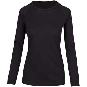 A black long sleeve T-shirt with a rounded neckline and a fitted silhouette, featuring a logo.