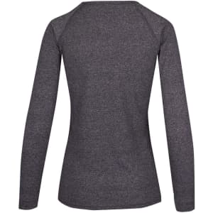 A long-sleeve women's t-shirt in heather grey with a fitted design and raglan sleeves. Features a logo on the back.