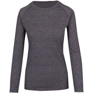 A long-sleeve women's T-shirt in heather grey with a fitted design and raglan sleeves. It has a branding logo.