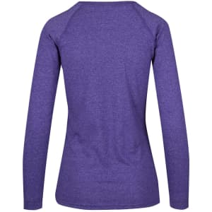 A long sleeve shirt in heather purple with a fitted design and a logo on the back.