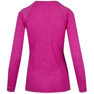 A long-sleeve T-shirt in heather pink, featuring a crew neck and raglan sleeves, with a logo on the back.
