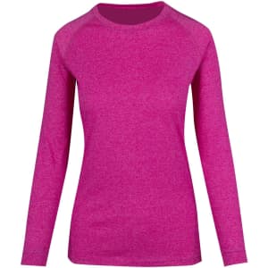 A women's long sleeve T-shirt in heather pink, featuring a round neckline and a logo.
