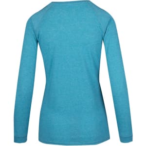 A heather teal long sleeve women's t-shirt with a simple design and a logo on the back.