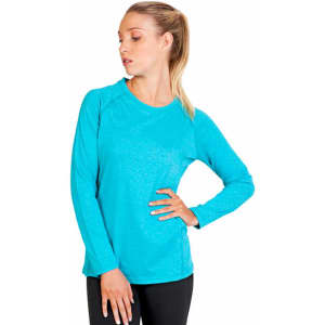 A bright aqua long sleeve T-shirt for women, featuring a fitted design and a subtle shimmer effect.