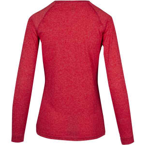 A red heather long sleeve women's t-shirt with a simple back design. It features raglan sleeves and has a logo.