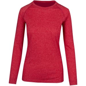 A red long sleeve t-shirt for women, featuring a heathered texture and a round neckline.