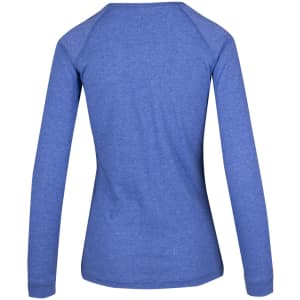 A blue long sleeve t-shirt with a heathered texture and a fitted silhouette. Features a logo on the back.