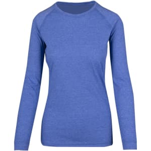 A blue women's long sleeve t-shirt with a crew neck and raglan sleeves. It has a subtle heathered pattern and a branding logo.