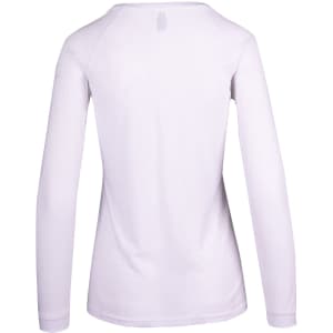 A white women's long sleeve T-shirt with a crew neckline and a logo on the back.