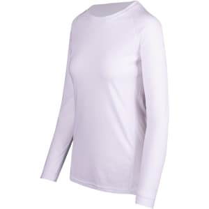 A white long sleeve T-shirt with a relaxed fit and raglan sleeves, featuring a logo on the side.