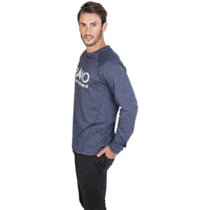 A navy long sleeve t-shirt with a logo, featuring a relaxed fit and ribbed cuffs.