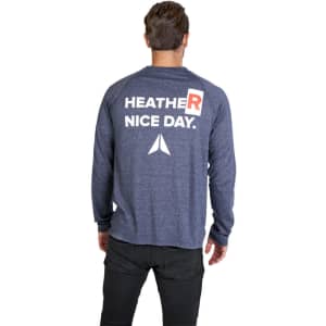 A navy blue long sleeve T-shirt for men and unisex, featuring a logo and text on the back.
