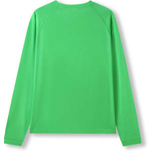A green long sleeve T-shirt with a simple design and a soft fabric. It features raglan sleeves and a logo.