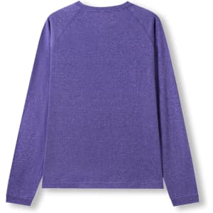 A purple long sleeve T-shirt with a heather texture and a simple design. It features a raglan style back.