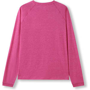 A long sleeve t-shirt in heather pink, featuring a back view and a raglan design. Includes a logo.