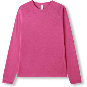 A pink long sleeve t-shirt with a heather texture and raglan sleeves. It features a logo on the front.