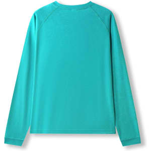 A long sleeve t-shirt in heather turquoise, featuring a simple design and a logo on the back.