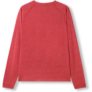 A red long sleeve unisex T-shirt with a heather texture and a simple back design. It has a logo.